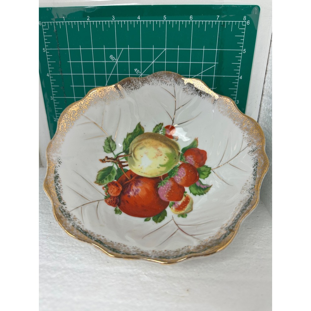 Vintage Leaf Shaped Bowl Japan Gold Trimmed Fruit Design Decorative